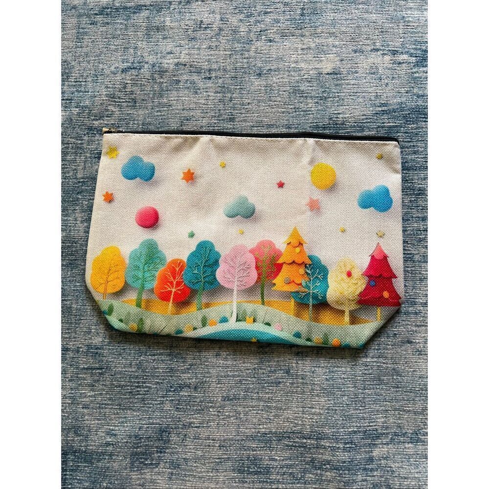 Colorful Trees Clouds Stars Cotton Canvas Small Makeup Bag Travel Toiletry Pouch